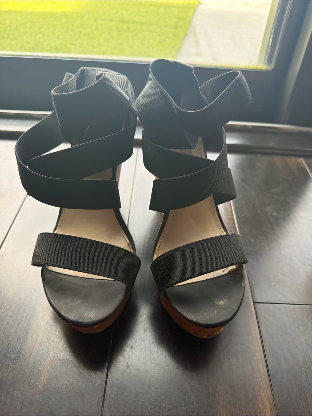 Steve Madden Black Elastic Strap Wedge Sandals
